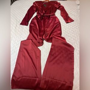 Wine colored jumpsuit.